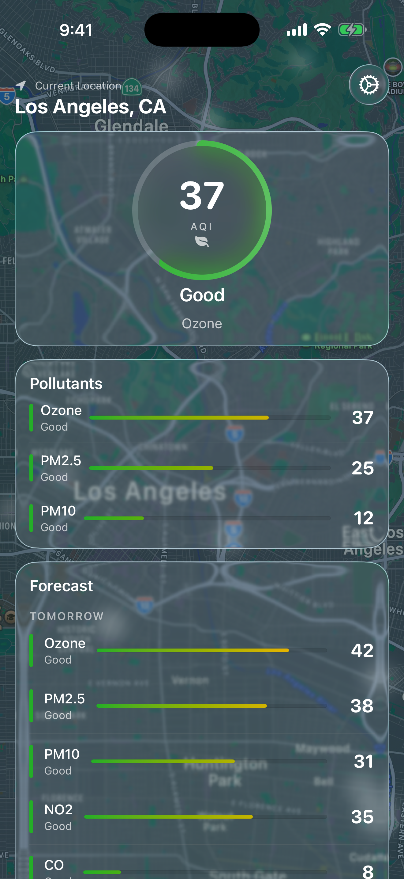 Smog Report app dashboard showing air quality index